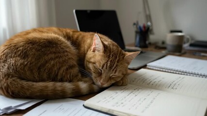 Ginger cat sleeps on papers and notebook. Cozy home office setting with desk clutter and warm light. Concept of remote work, pet companionship, home life