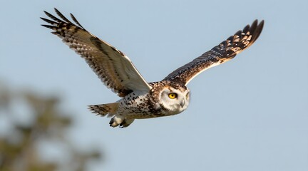 Obraz premium Short eared owl soars through the air with wings spread