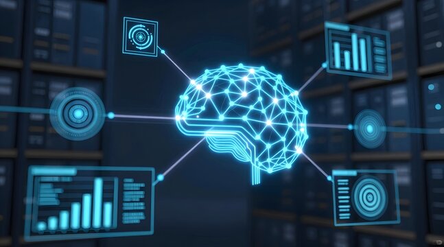 Digital brain connected to user interface elements in a server room illustration - Powered by Adobe