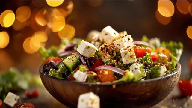 Fresh Greek salad with falling feta cheese cubes and herbs in wooden bowl with golden bokeh background