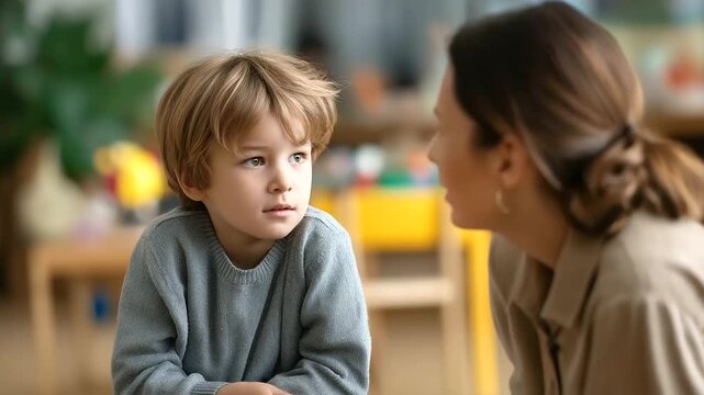 Preschool youngster showing challenging behavior while educator calmly interacts faceless boy female teacher defocused background childhood discipline concept motion effect dev