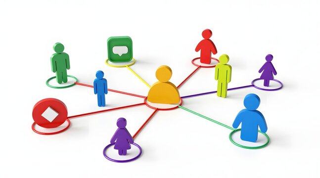 Colorful network of people with central hub on a white backdrop