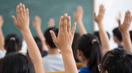 Diverse group of students raising hands in a classroom to answer a question