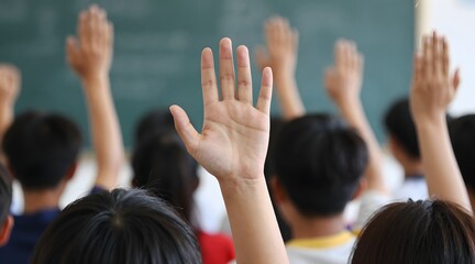 Students enthusiastically raise hands in classroom seeking teacher's attention
