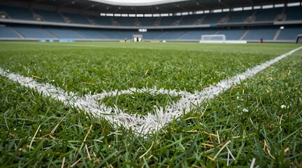 Corner of the soccer field shows white paint on the green grass