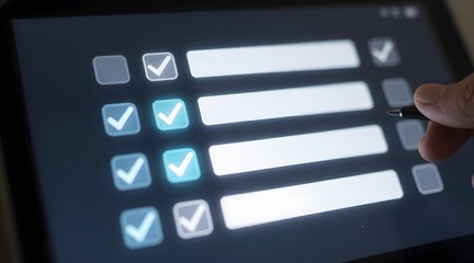 Electronic checklist on a device displays digital progress with glowing checkmarks