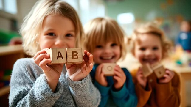 Three youngsters hold wooden letter blocks displaying alphabet faceless children defocused cheerful background beaming with joy warm inviting atmosphere early education child