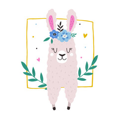 Adorable Pink Llama Character with Floral Crown Cartoon Vector Illustration for Kids