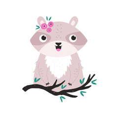 Cute Raccoon on Tree Branch. Cartoon Woodland Animal Vector Illustration for Kids