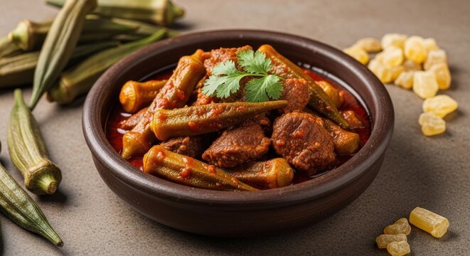 Bamia Okra Stew with Meat and Tomato Sauce in Clay Bowl with Cilantro on Earthy Background