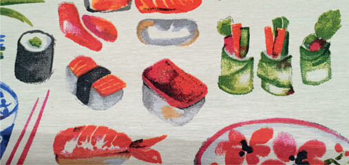 Sushi and ramen ornament. Print with asian food, sushi, maki, and ramen. Texture pattern with asian food. © Nataly G