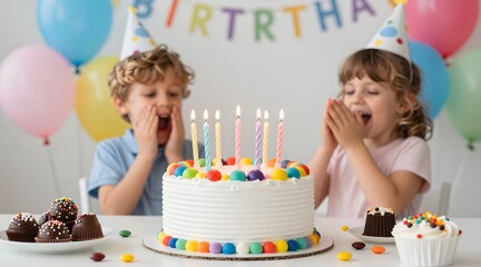 Excited children celebrate birthday with cake and colorful decorations in bright room