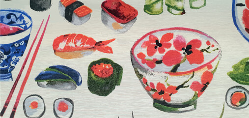 Sushi and ramen ornament. Print with asian food, sushi, maki, and ramen. Texture pattern with asian food. © Nataly G