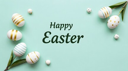 Festive easter arrangement with decorated eggs and happy easter text