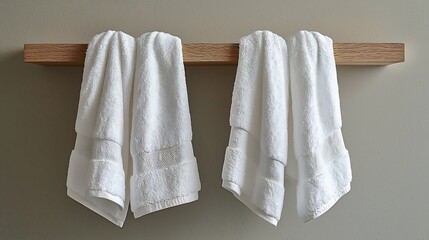 Neat Wooden Shelf With White Towels Hanging In a Clean Contemporary Bathroom Interior Showcasing Functional Storage and Minimalist Home Design