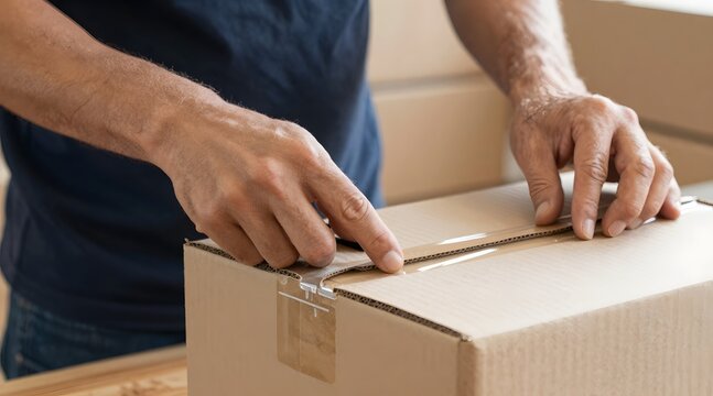 Man's hands sealing a cardboard box with adhesive tape, ready for shipping - Powered by Adobe