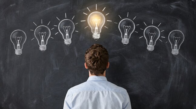 Person stands in front of a chalkboard with a bright lightbulb among unlit lightbulbs