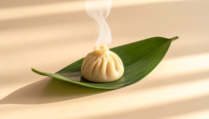 Single steamed dumpling with pleated top on green leaf, steam rising, soft beige background and warm lighting.