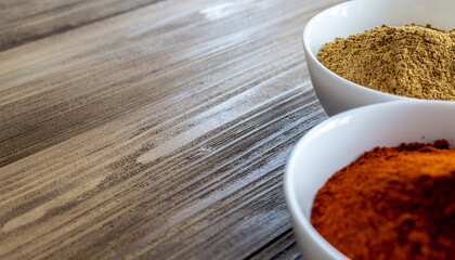 &eacute;pices en poudre dans des bols blancs sur une table en bois brun