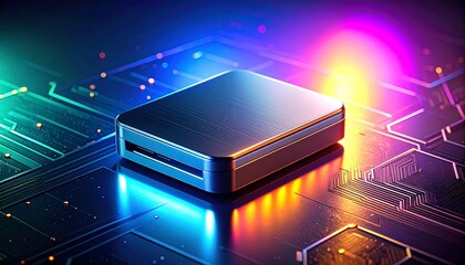 Sleek modern electronic device on reflective surface with glowing gradient background and circuit patterns.