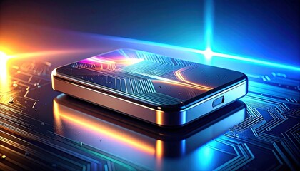 Sleek modern electronic device on reflective surface with glowing gradient background and circuit patterns.