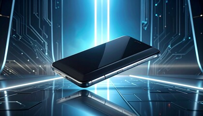Sleek modern electronic device on reflective surface with glowing gradient background and circuit patterns.