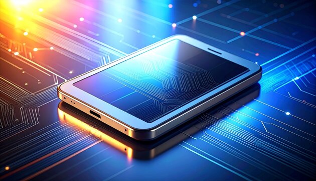 Sleek modern electronic device on reflective surface with glowing gradient background and circuit patterns. - Powered by Adobe