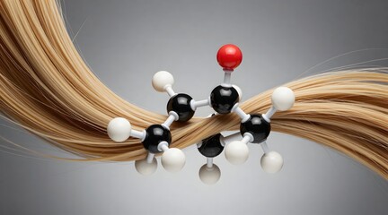 Molecular structure interacting with beautiful blond human hair on gray gradient background