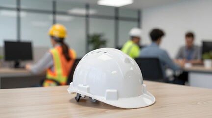 Hard hat sits on a table in an office setting with construction workers in the background