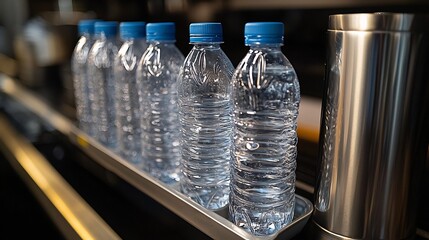 Reusable Plastic Water Bottles Standing Upright In a Holder Beside a Stainless Steel Dispenser a Utility Shelf