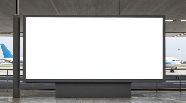 Blank billboard advertisement stands in an airport terminal with airplane in background
