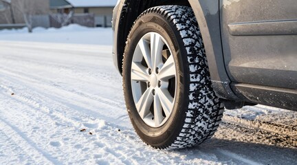 Close up view of a car tire in winter driving through fresh fallen snow