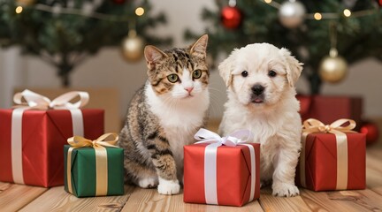 Cute kitten and puppy posing with gifts in front of christmas tree