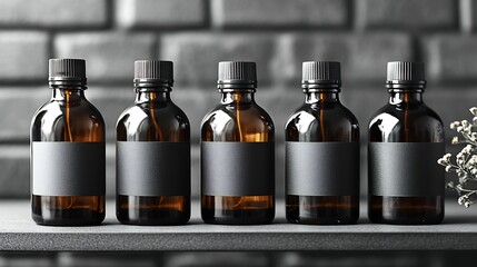 Sleek Labeled Bottles In a Reusable Arrangement Sitting a Neat Shelf With Minimalist Geometric Design Elements