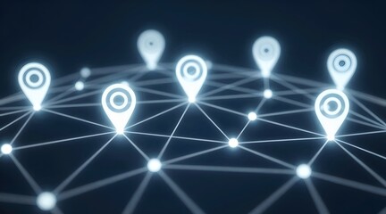 Glowing network of location pins connected with lines on a dark background