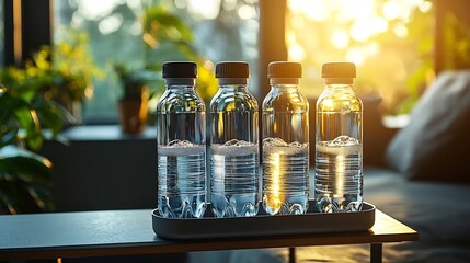 Sleek Reusable Bottles In a Modern Container Holder With Minimalist Background and Bright Soft Lighting