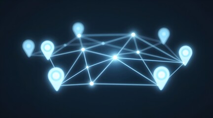 Connected network of glowing map pointer icons on dark background illustration