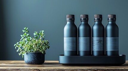 Sleek Reusable Bottles In a Modern Container Holder With Minimalist Background and Bright Soft Lighting