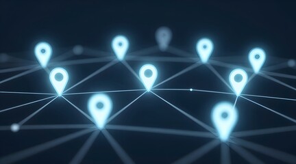 Glowing light blue map pointers are connected in a network visualization