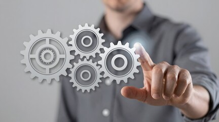 Man touches interface displaying connected gears as a concept for digital integration