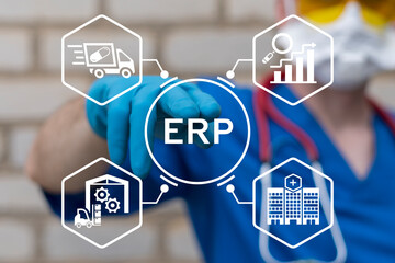 Centralized system for Enterprise Resource Planning (ERP) improving integration, data flow, medical efficiency health care concept. Doctor using virtual touch screen presses the text ERP.