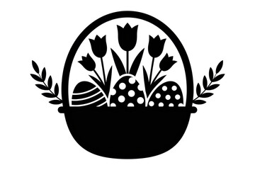 Delightful spring basket filled with vibrant tulips and colorful decorated eggs, symbolizing the joy of Easter celebrations and the renewal of nature during this bright season