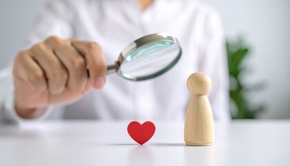 Fototapeta premium A hand is holding a magnifying glass towards wooden figure and a heart