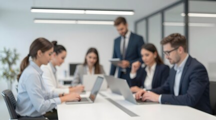 Blurred view of team members in modern office setting collaborating on laptops