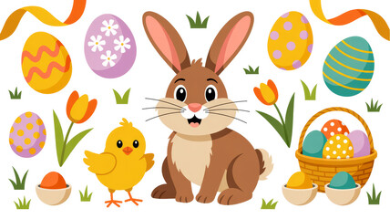 Joyful bunny and cheerful chick celebrate springtime with colorful eggs in a lively garden