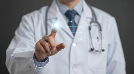 Doctor pressing a virtual button on a screen for medical data or futuristic healthcare concept