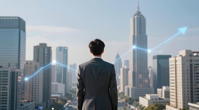 Businessman looks at the city skyline with a rising graph showing financial growth and business success
