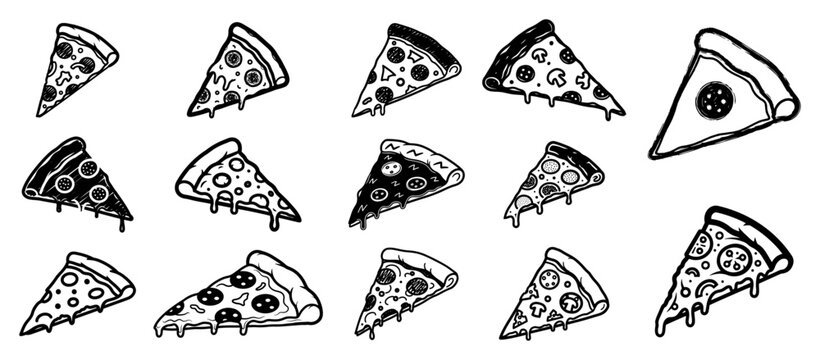 Hand drawn tasty pizza slices with melted cheese and pepperoni