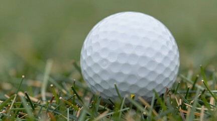 Close up shot of a white golf ball sitting in grass on a golf course