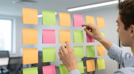 Man organizes sticky notes on glass wall in office
